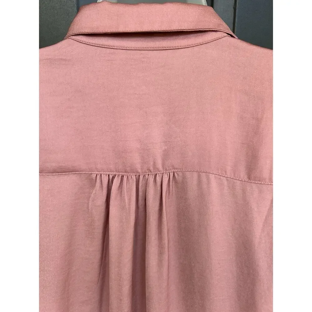 Banana Republic Pink Satin Blouse Size Med V-Neck Pleated Puff Long Sleeve Top